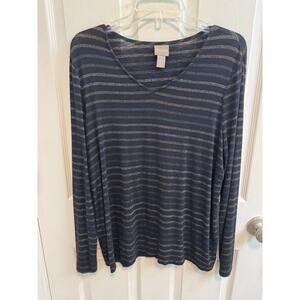 Chicos 2 Black Metallic Stripe V-neck Knit Top Long Sleeve Preowned